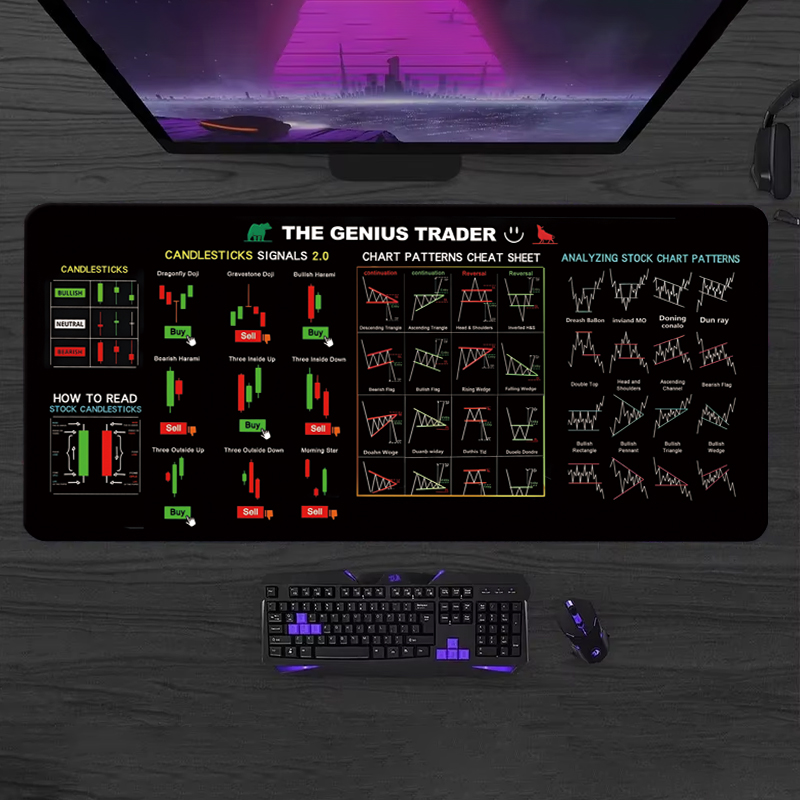 Desk Setup Rug - แผ่นรองเมาส์หนังลายเทียนหอมขนาดใหญ่สำหรับนักซื้อขายหุ้น EXCO ลายแผนภูมิกราฟิกสำหรับคีย์บอร์ดและเมาส์ แผ่นรองเมาส์สำหรับนักลงทุนฐานหนัง