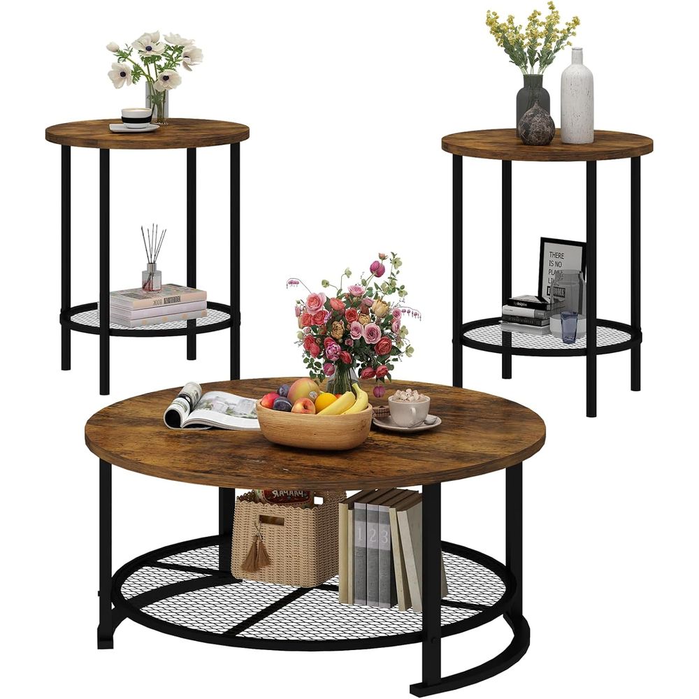 Desk Setup Wood - ชุดโต๊ะกลางและโต๊ะข้างทรงกลม 3 ตัว พร้อมที่เก็บของ สีน้ำตาลวินเทจ สำหรับห้องนั่งเล่น