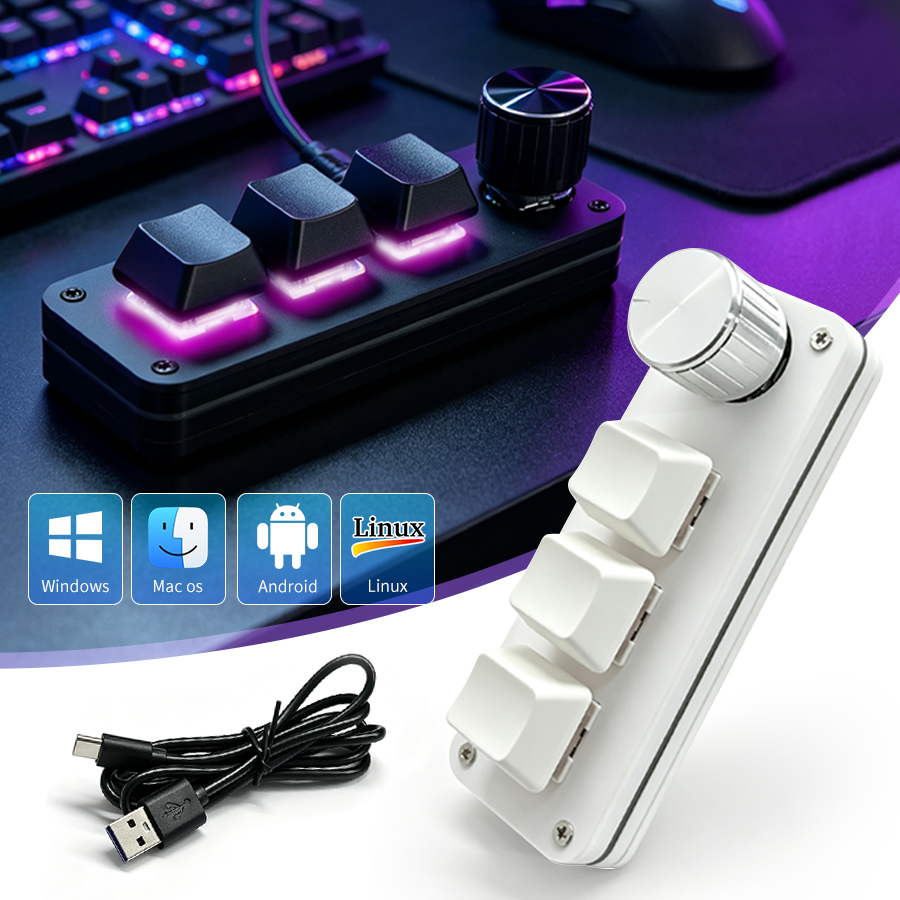 Desk Setup Programmer - คีย์บอร์ดแมคโครแบบตั้งโปรแกรมได้ 3 ปุ่ม พร้อมปุ่มหมุน RGB รองรับการเชื่อมต่อ