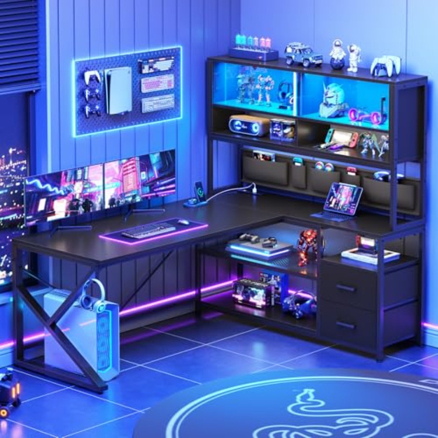 L Shaped Desk Setup - โต๊ะเกมมิ่งรูปตัวแอล พร้อมชั้นวางของ 2 ลิ้นชัก ไฟ LED