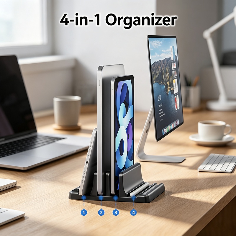 Vertical Laptop Stand - ขาตั้งแล็ปท็อปแนวตั้งแบบหลายช่องสำหรับจัดเก็บโน้ตบุ๊ก ที่วางแท็บเล็ตและหนังสือแบบประหยัดพื้นที่บนโต๊ะ พร้อมฟังก์ชันระบายความร้อน