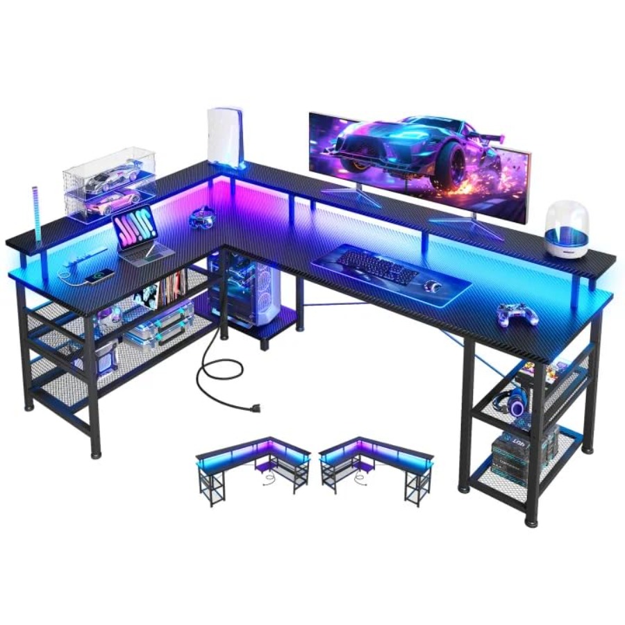 L Shaped Desk Setup - โต๊ะเกมมิ่งรูปตัวแอลขนาดใหญ่ 66 นิ้ว พร้อมช่องเสียบปลั๊กไฟและไฟ LED สีดำ