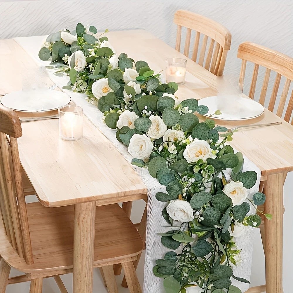 Desk Setup Background - พวงมาลัยดอกยูคาลิปตัสและกุหลาบ ขนาด 70 นิ้ว – พวงมาลัยดอกไม้พลาสติกสำหรับตกแต่งบ้าน