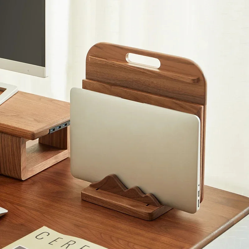 Vertical Laptop Stand - แท่นวางแล็ปท็อปไม้แบบกำหนดเอง แท่นวางแนวตั้ง ฐานไม้วอลนัทแข็งแรง ลายทิวทัศน์ธรรมชาติ ที่วางบนโต๊ะทำงาน ของตกแต่งสำนักงาน