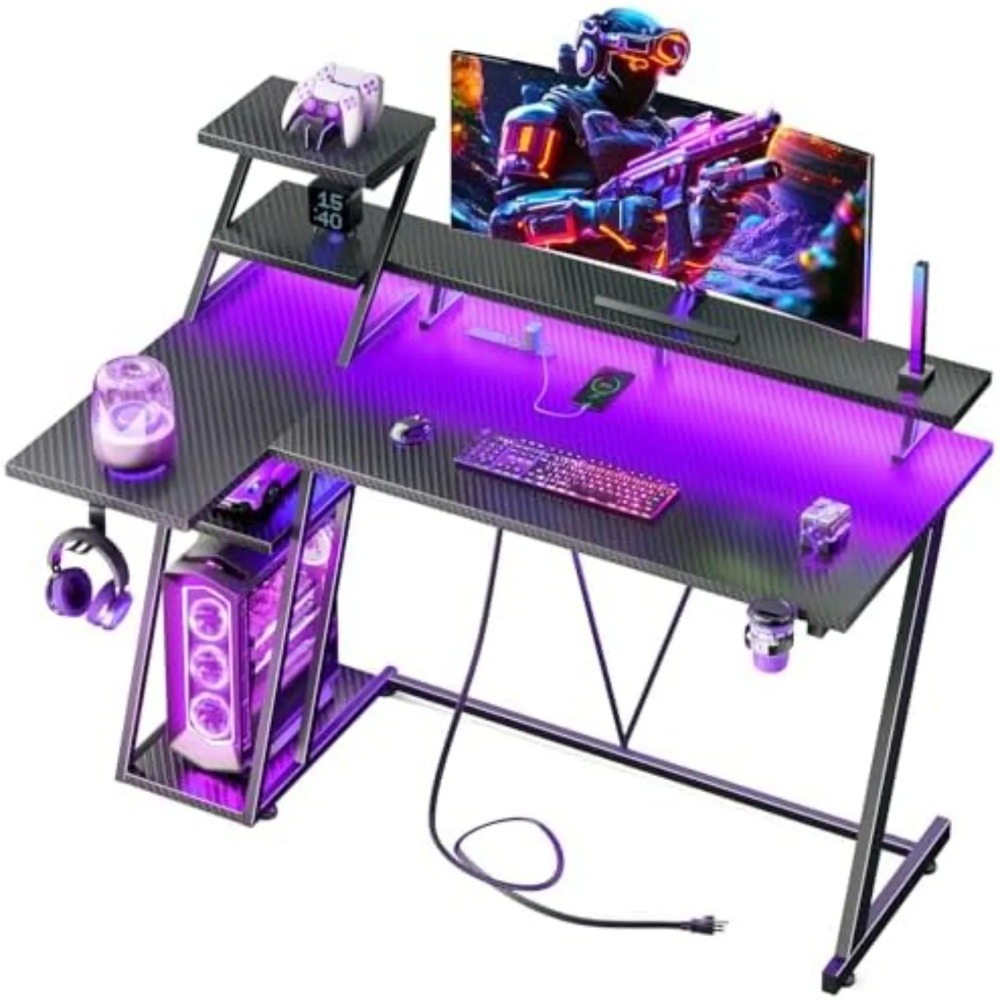L Shaped Desk Setup - โต๊ะเกมมิ่งขนาด 40 นิ้วพร้อมไฟ LED และเต้าเสียบไฟฟ้า, โต๊ะคอมพิวเตอร์รูปตัว