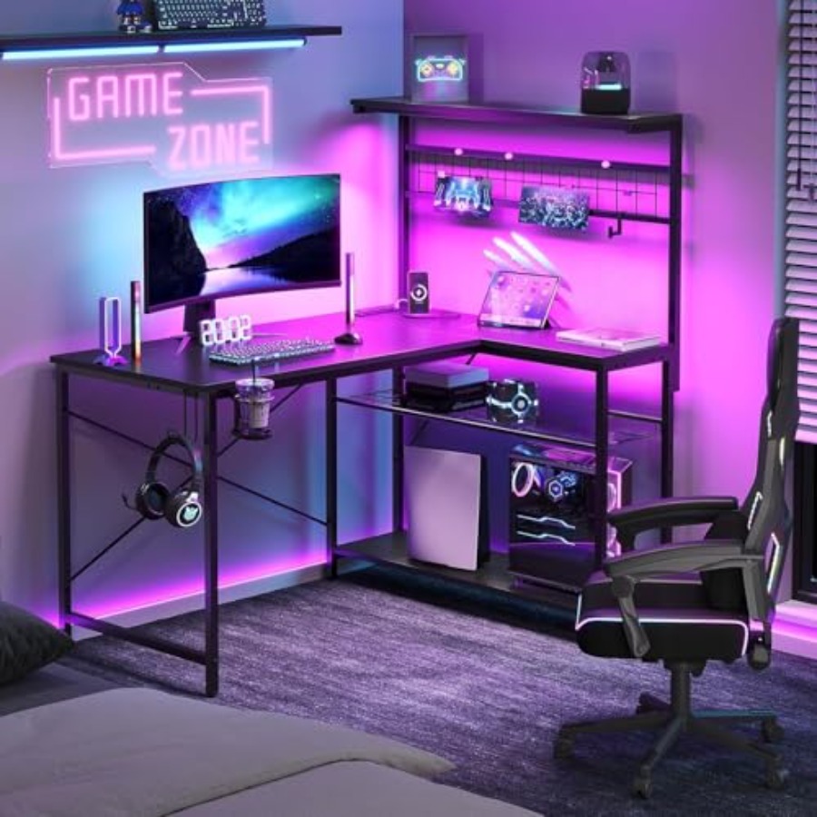 L Shaped Desk Setup - โต๊ะเกมมิ่งขนาด 42 นิ้ว พร้อมช่องเสียบปลั๊กไฟและไฟ LED สำหรับจัดโต๊ะเกมมิ่ง